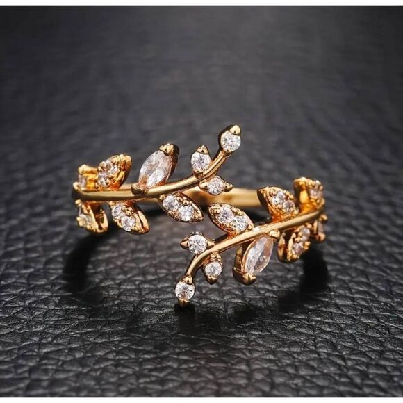 Elegant Finger Ring Leaf Shape With Zircon Adjustable Open Cuff Ring - Picture 7 of 10